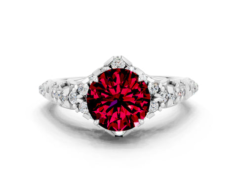 White gold Round Cut Garnet Solitaire Ring with Hidden Halo and Pavé Band_51