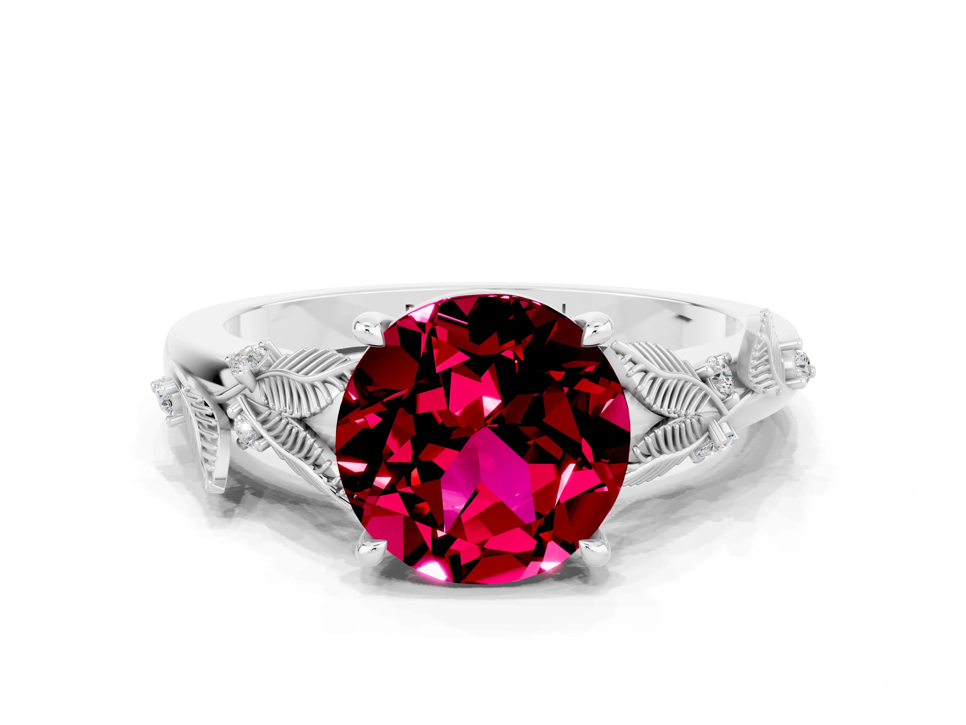 White gold Round Cut Garnet Solitaire Ring with Leaf Motif Band and Four-Prong Setting_24
