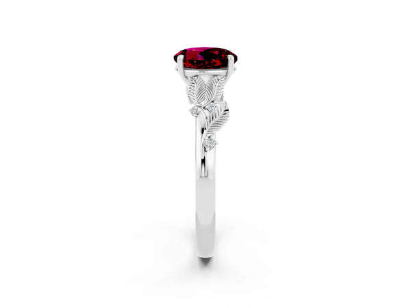 Platinum Round Cut Garnet Solitaire Ring with Leaf Motif Band and Four-Prong Setting