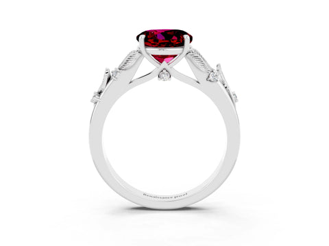 White gold Round Cut Garnet Solitaire Ring with Leaf Motif Band and Four-Prong Setting_27