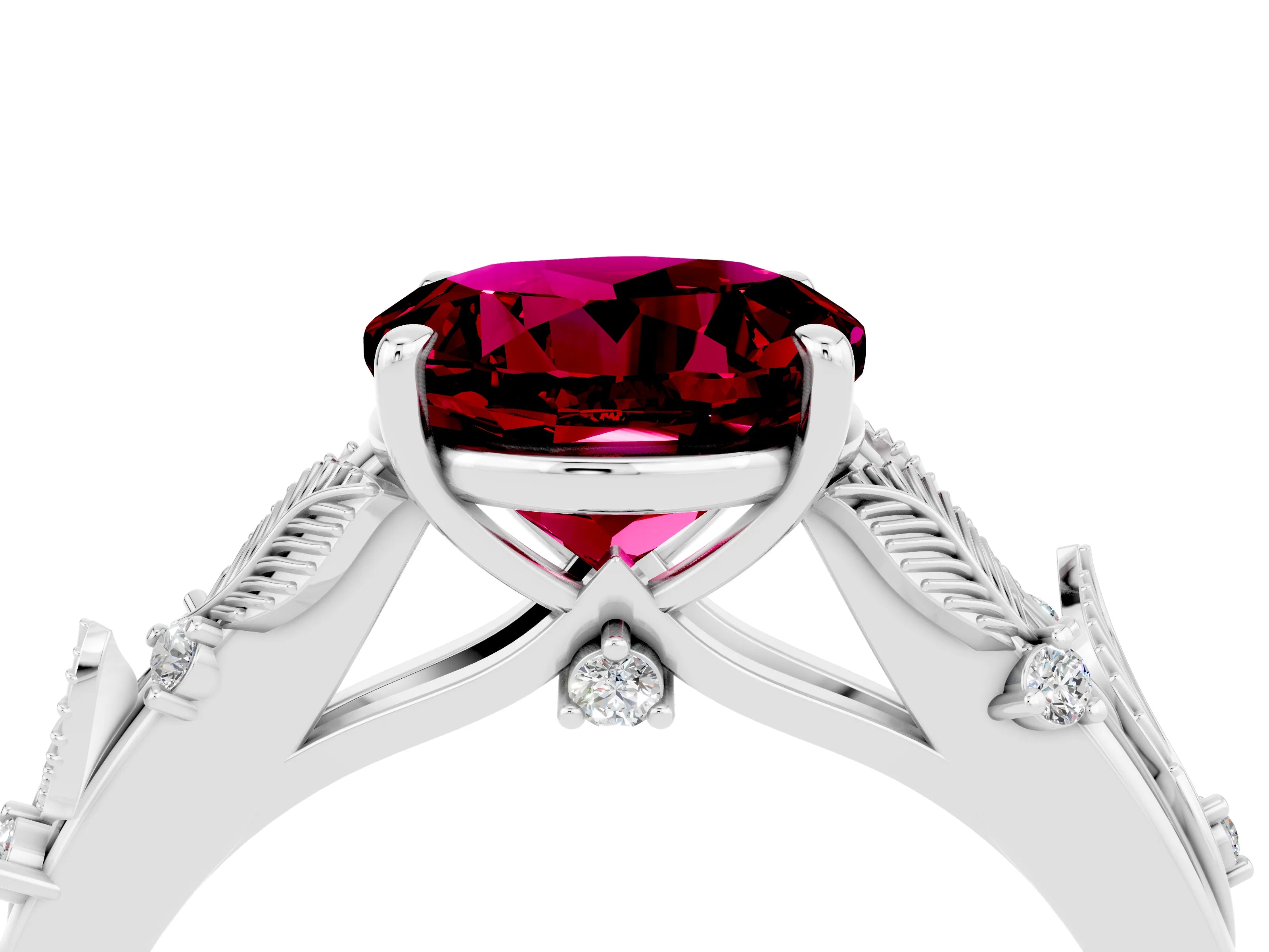 White gold Round Cut Garnet Solitaire Ring with Leaf Motif Band and Four-Prong Setting_28