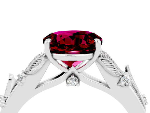 White gold Round Cut Garnet Solitaire Ring with Leaf Motif Band and Four-Prong Setting_28