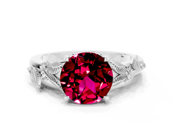 White gold Round Cut Garnet Solitaire Ring with Leaf Motif Band and Four-Prong Setting