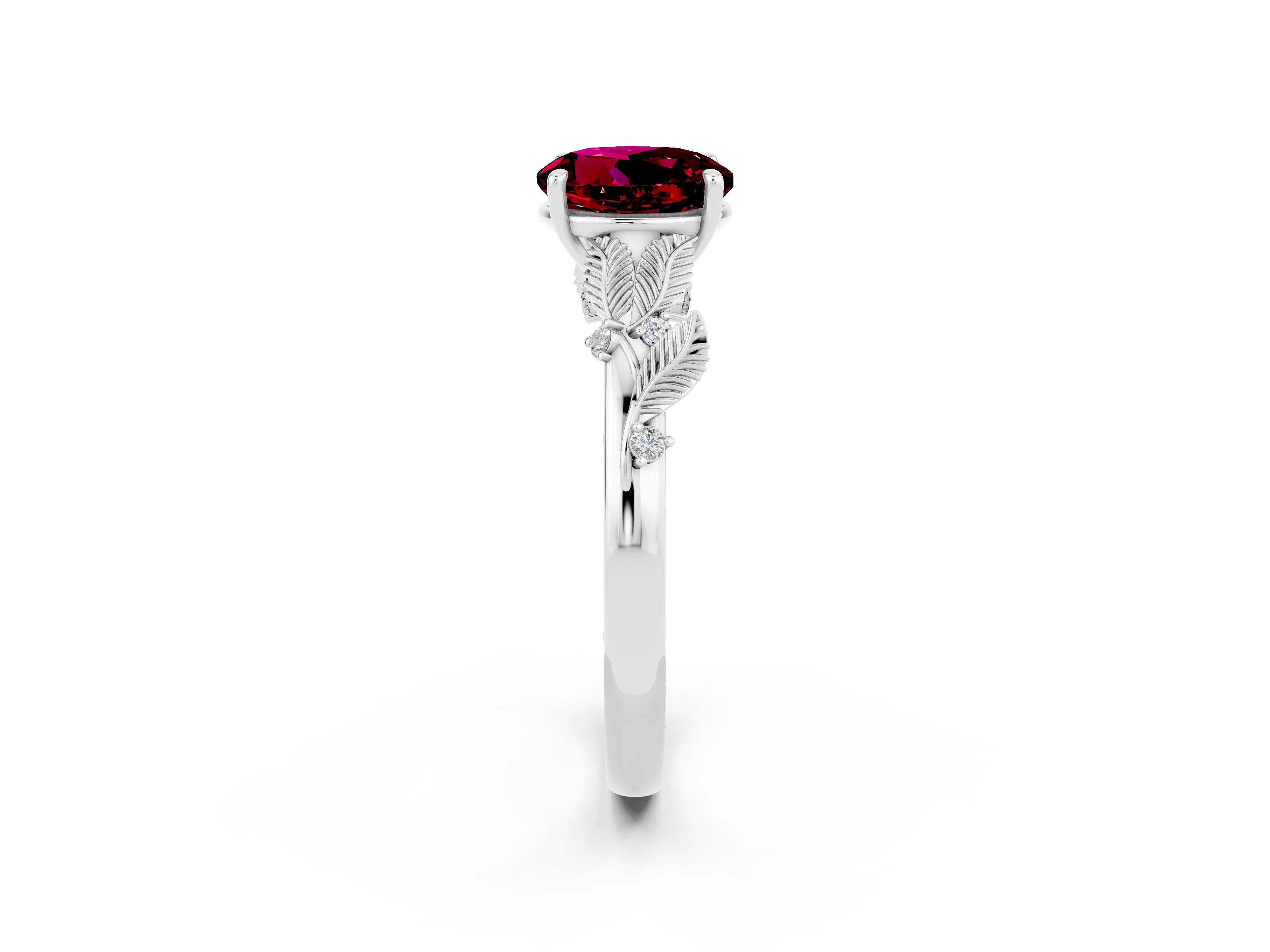 White gold Round Cut Garnet Solitaire Ring with Leaf Motif Band and Four-Prong Setting_35
