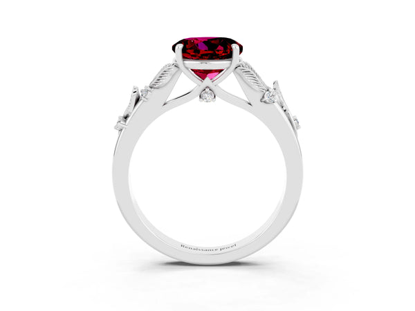 White gold Round Cut Garnet Solitaire Ring with Leaf Motif Band and Four-Prong Setting