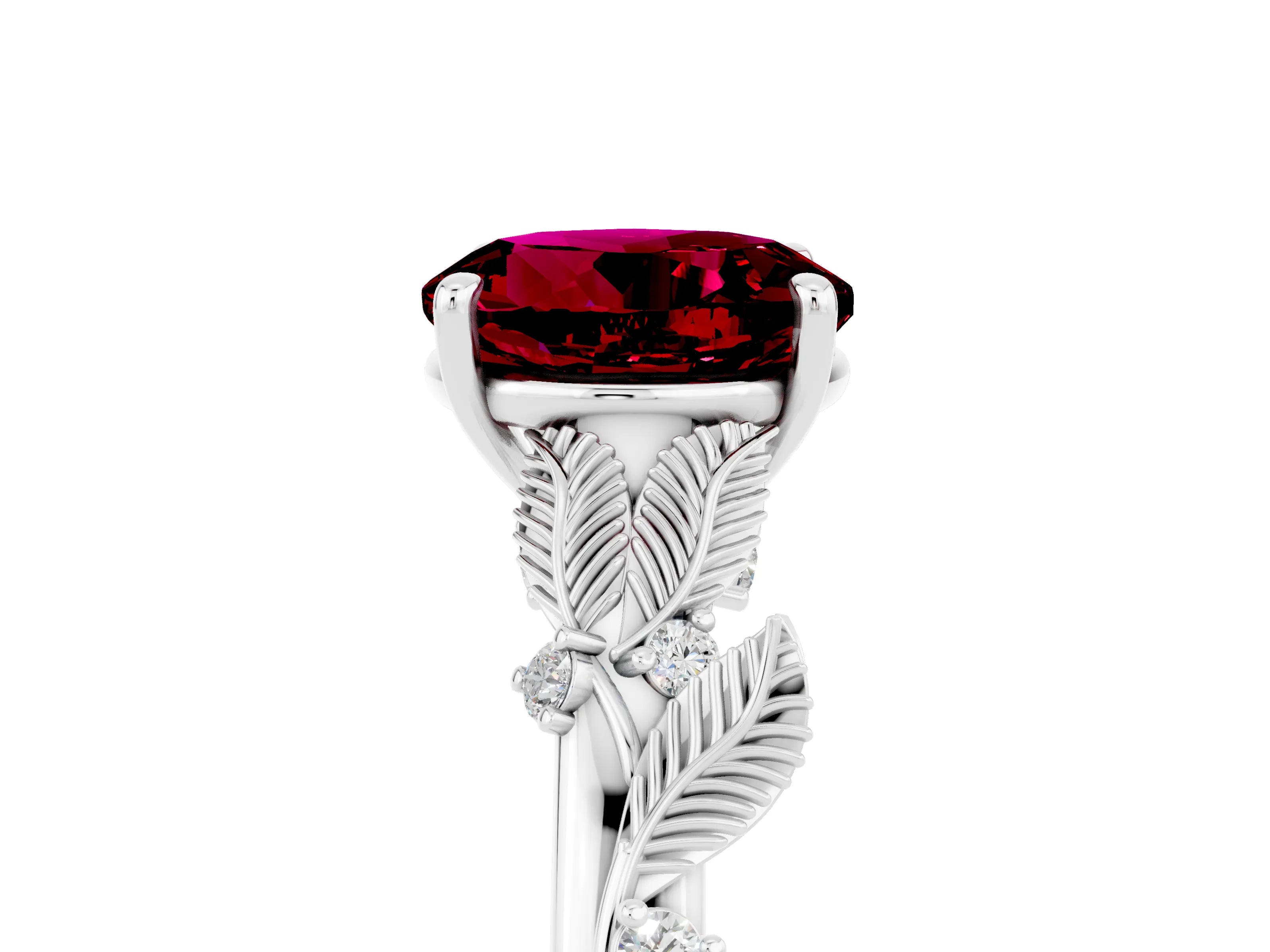 White gold Round Cut Garnet Solitaire Ring with Leaf Motif Band and Four-Prong Setting_38