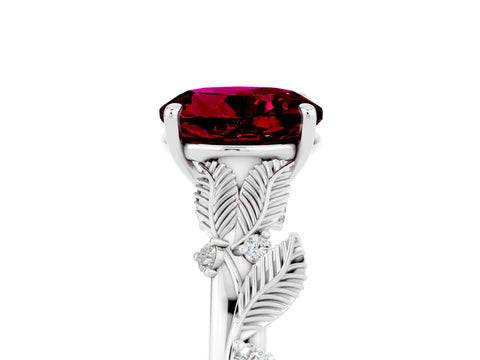 White gold Round Cut Garnet Solitaire Ring with Leaf Motif Band and Four-Prong Setting_38