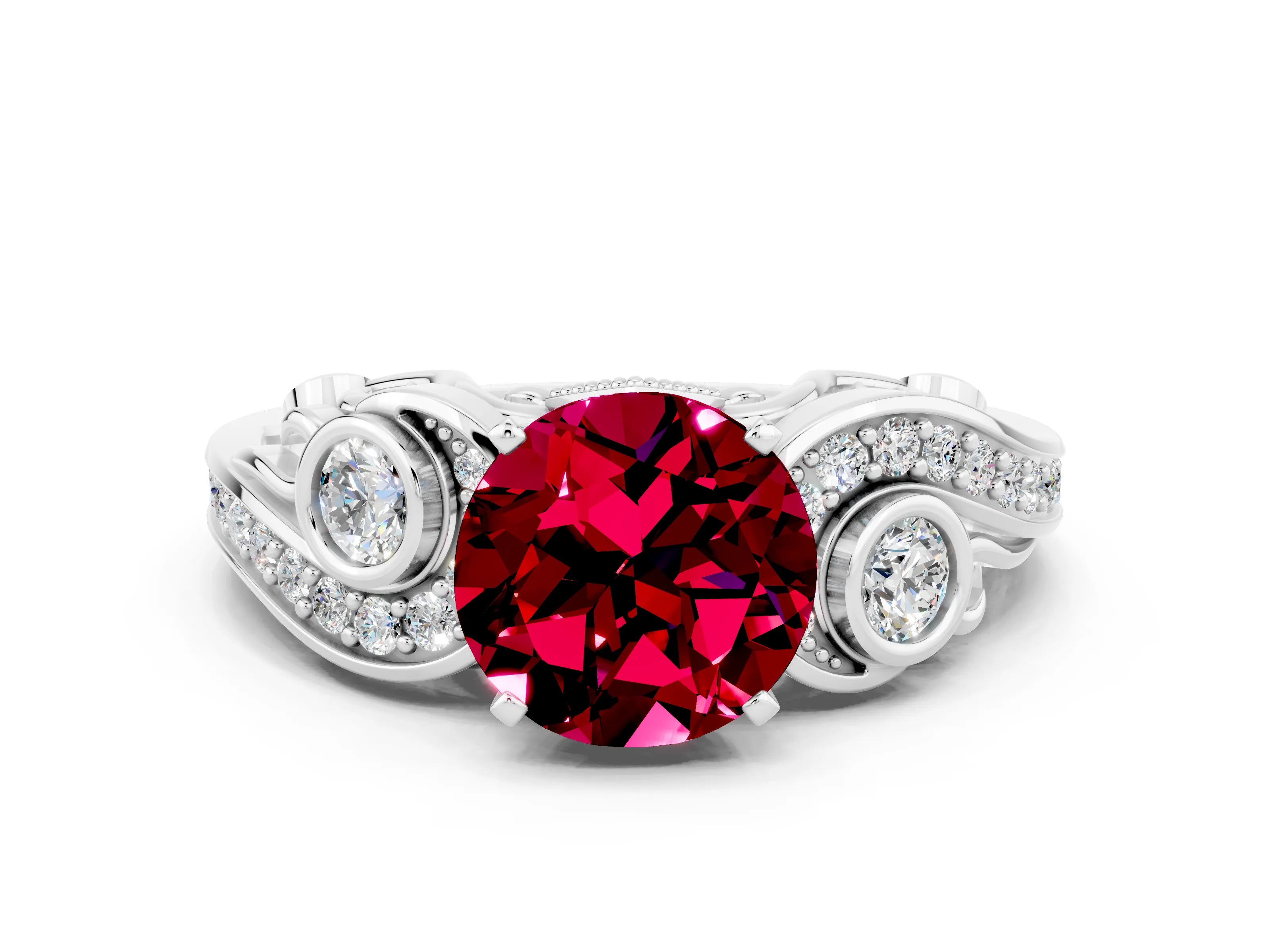 White gold Round Cut Garnet Solitaire Ring with Milgrain Pavé Band and Four-Prong Setting_12