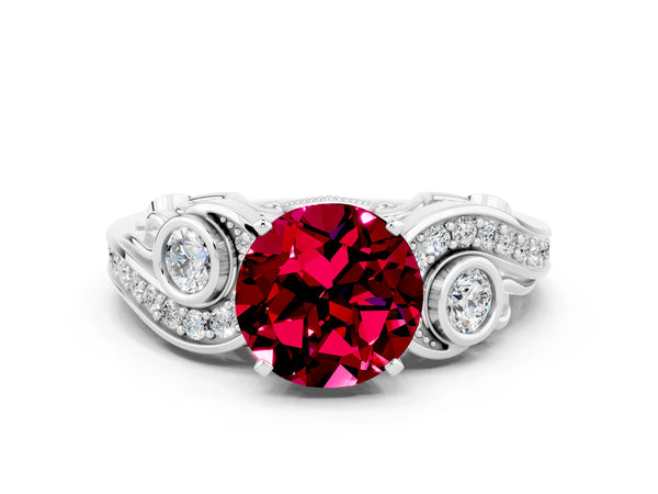 Platinum Round Cut Garnet Solitaire Ring with Milgrain Pavé Band and Four-Prong Setting