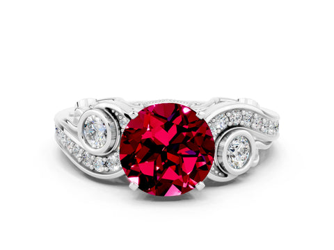 White gold Round Cut Garnet Solitaire Ring with Milgrain Pavé Band and Four-Prong Setting_12