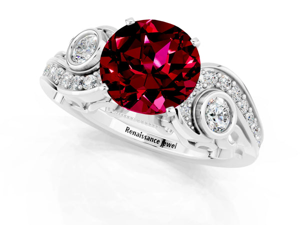 Platinum Round Cut Garnet Solitaire Ring with Milgrain Pavé Band and Four-Prong Setting
