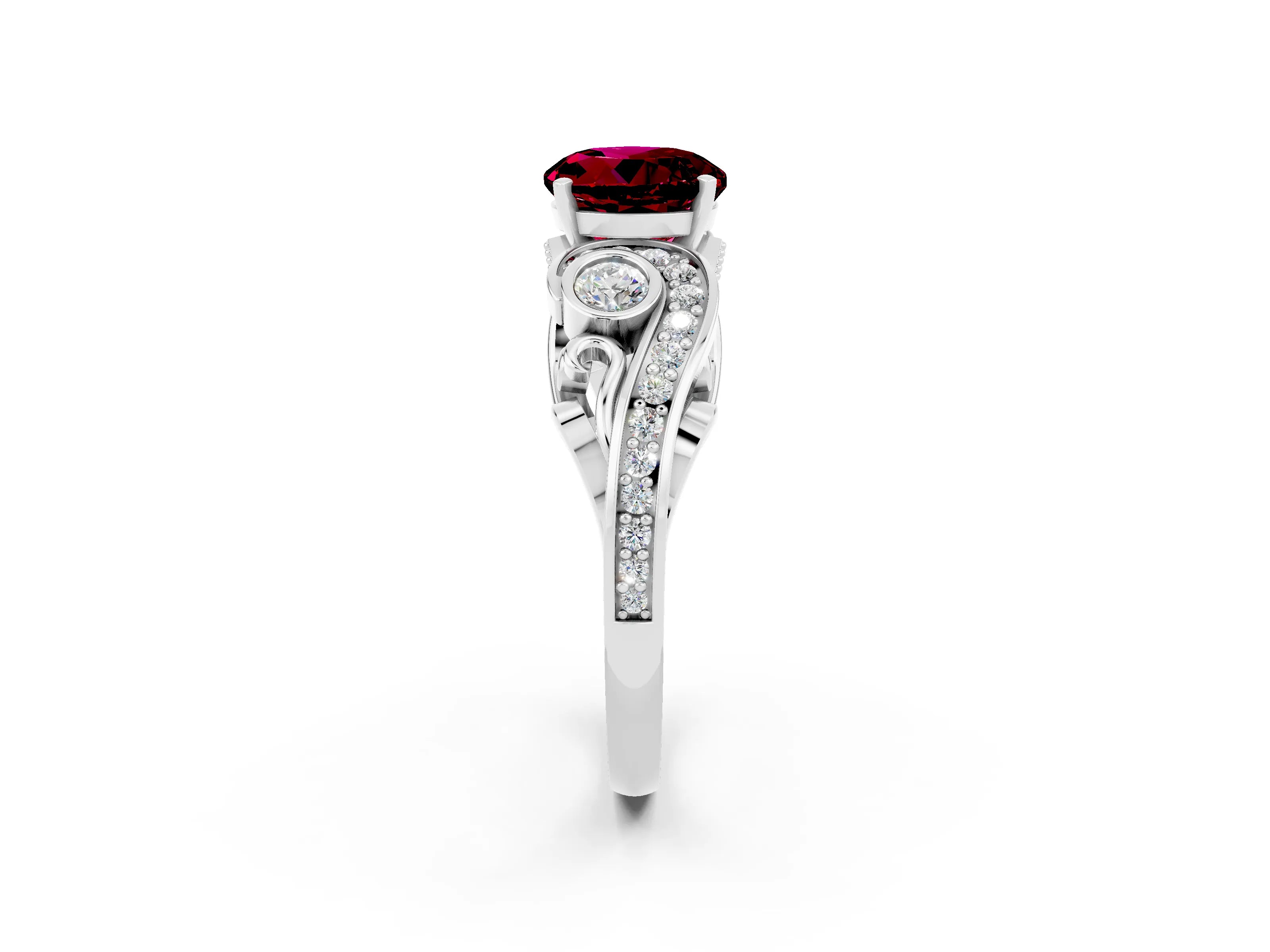 White gold Round Cut Garnet Solitaire Ring with Milgrain Pavé Band and Four-Prong Setting_14