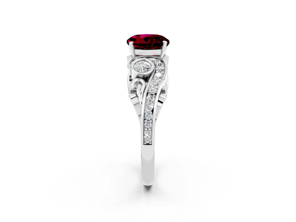 Silver Round Cut Garnet Solitaire Ring with Milgrain Pavé Band and Four-Prong Setting
