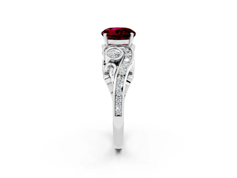White gold Round Cut Garnet Solitaire Ring with Milgrain Pavé Band and Four-Prong Setting_14