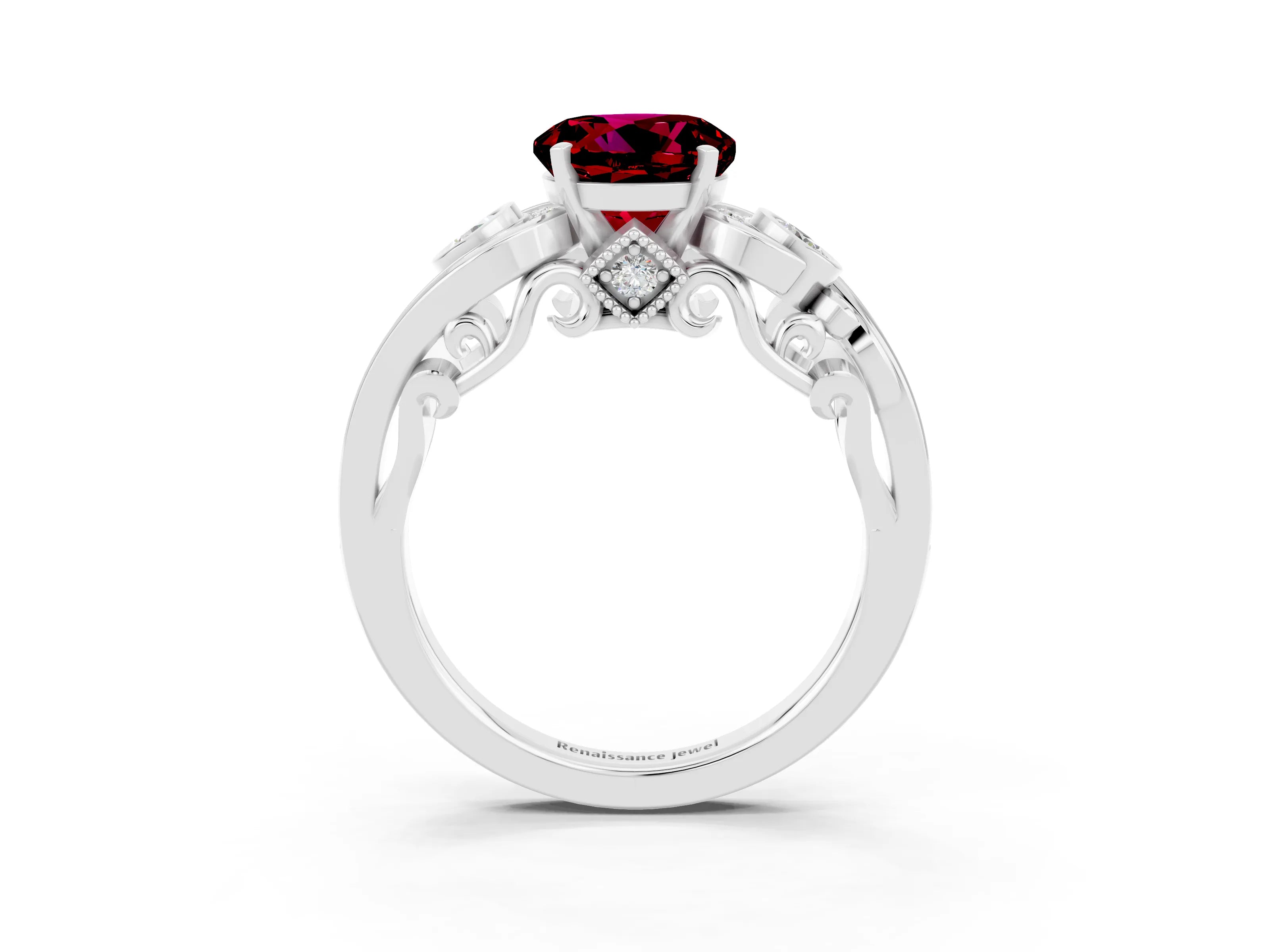 White gold Round Cut Garnet Solitaire Ring with Milgrain Pavé Band and Four-Prong Setting_15