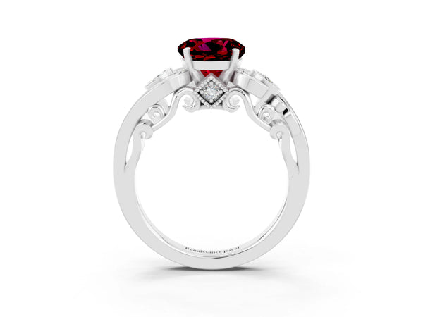 Platinum Round Cut Garnet Solitaire Ring with Milgrain Pavé Band and Four-Prong Setting