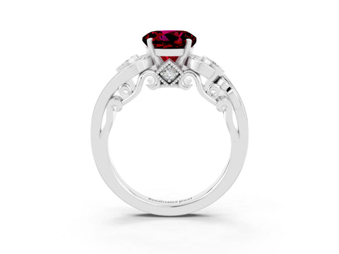 White gold Round Cut Garnet Solitaire Ring with Milgrain Pavé Band and Four-Prong Setting_15