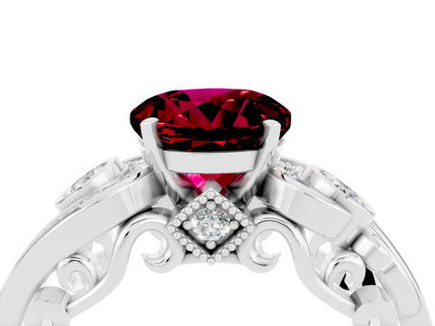 White gold Round Cut Garnet Solitaire Ring with Milgrain Pavé Band and Four-Prong Setting_16
