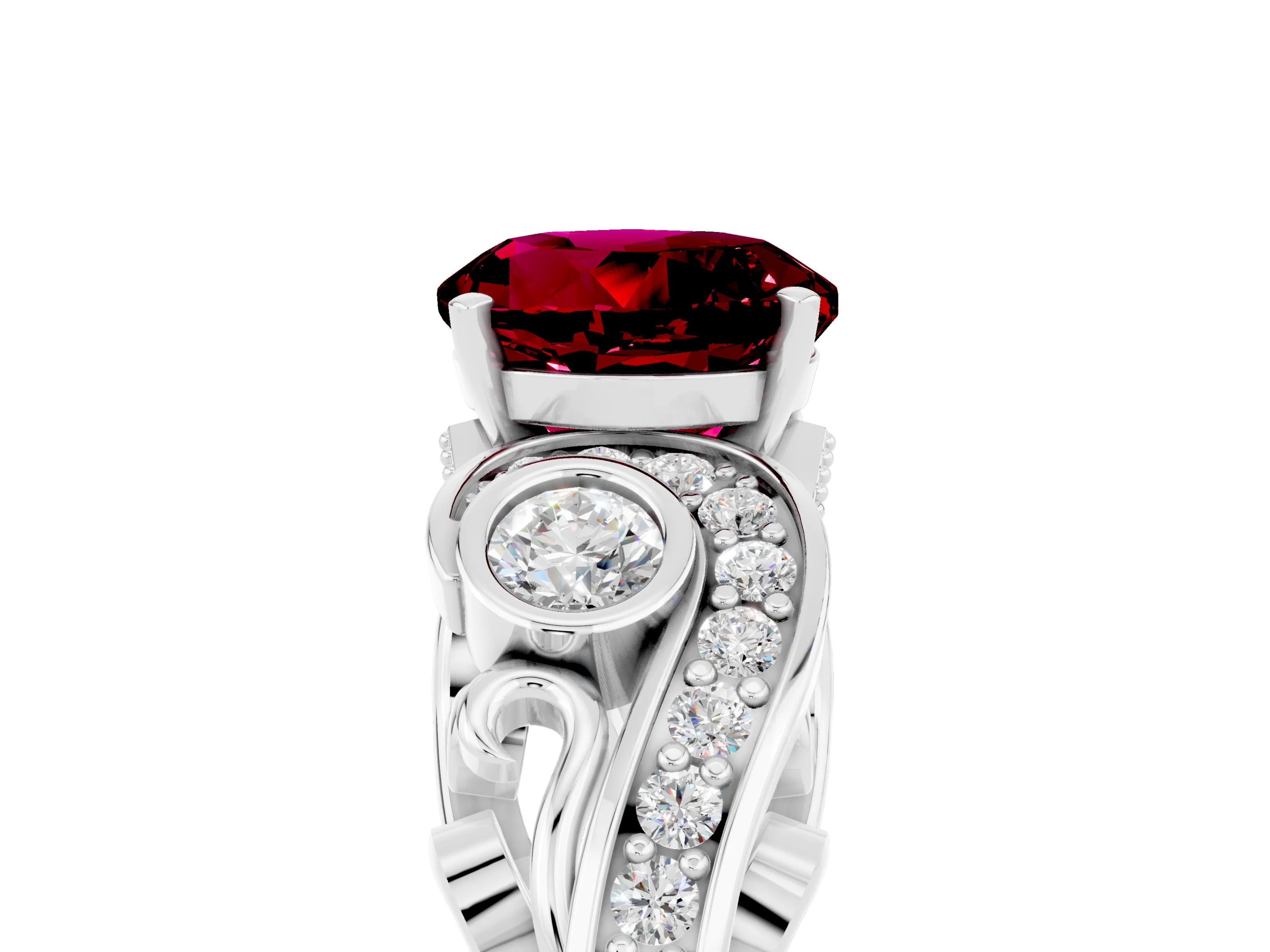 White gold Round Cut Garnet Solitaire Ring with Milgrain Pavé Band and Four-Prong Setting_17
