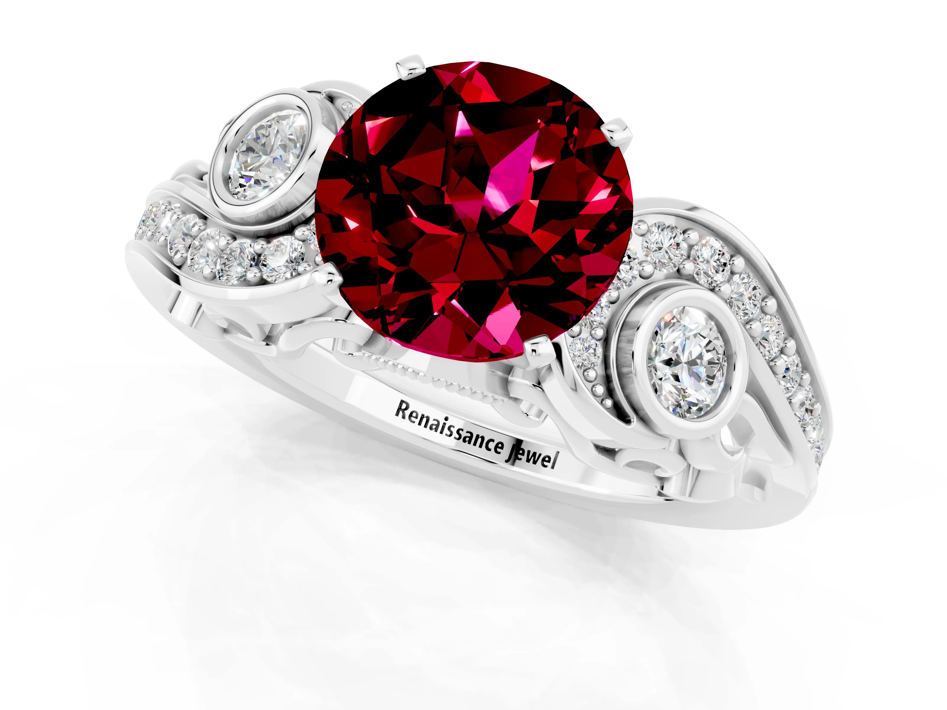 White gold Round Cut Garnet Solitaire Ring with Milgrain Pavé Band and Four-Prong Setting_49