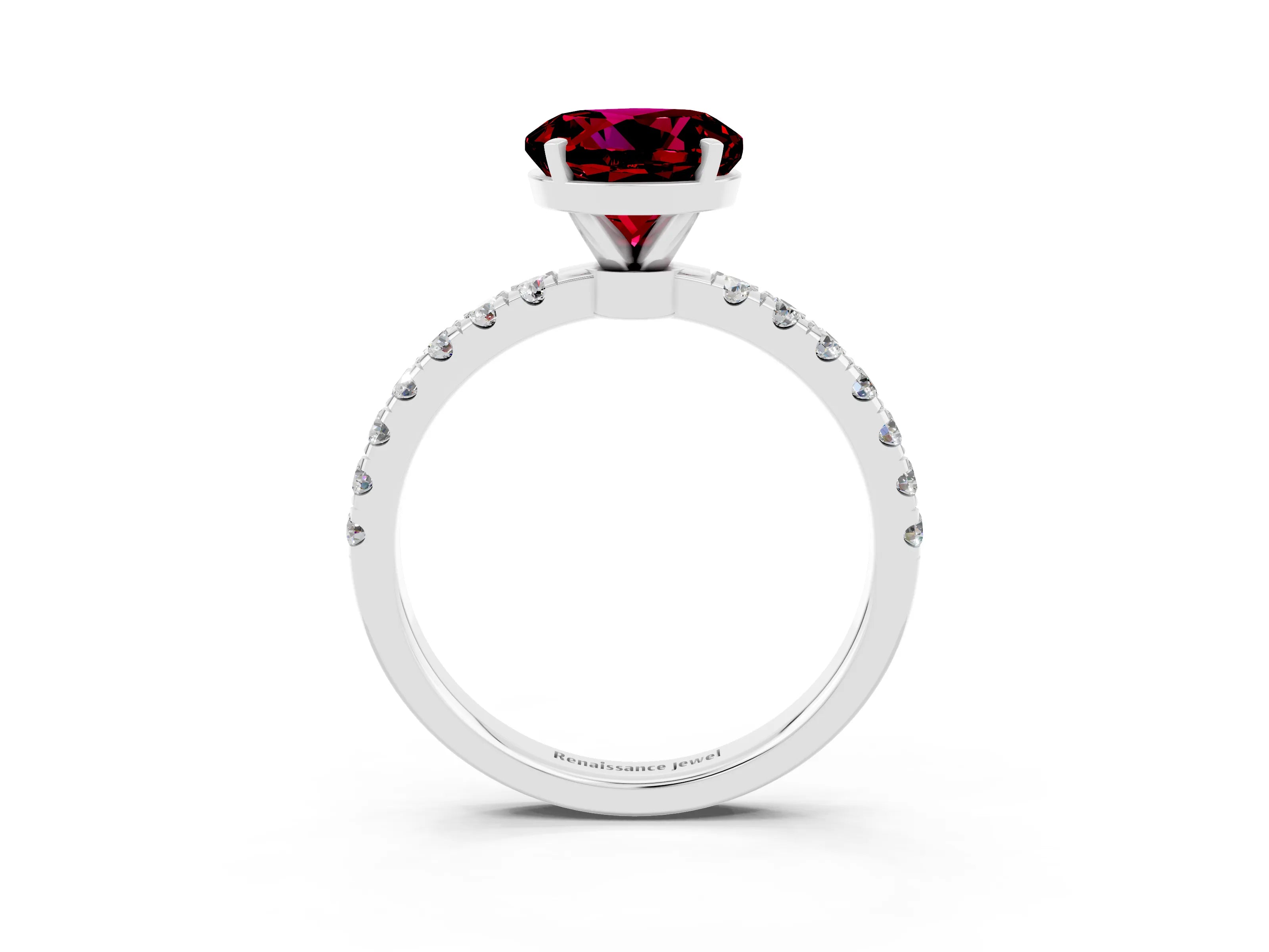 White gold Round Cut Garnet Solitaire Ring with Pavé Accents and Four-Prong Setting_3