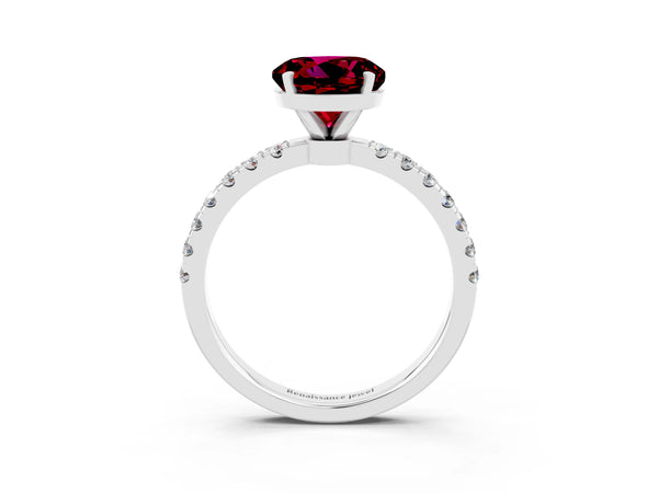 White gold Round Cut Garnet Solitaire Ring with Pavé Accents and Four-Prong Setting