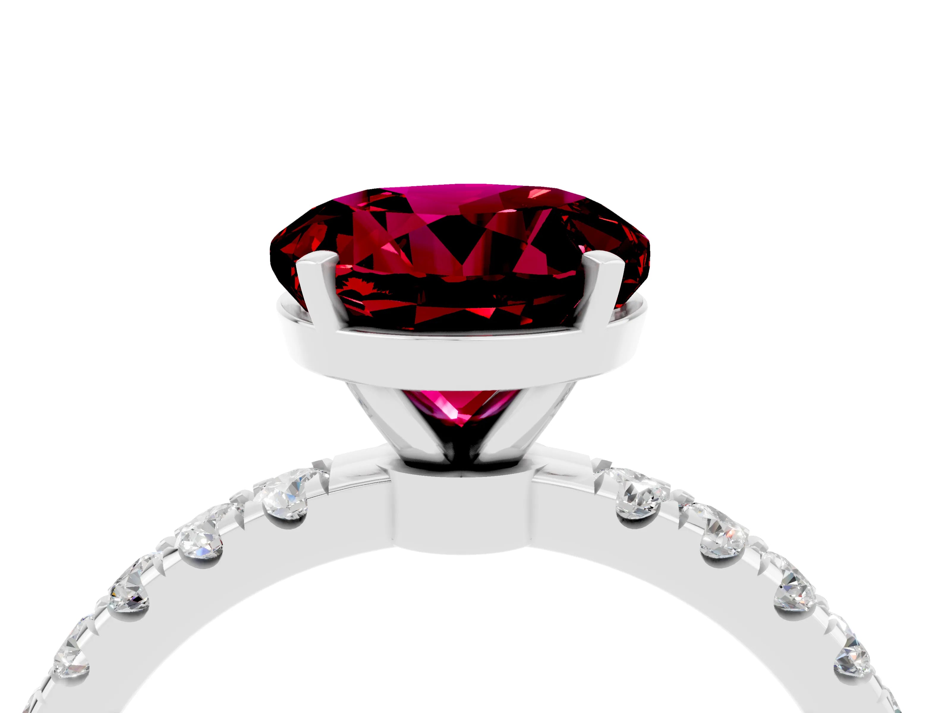 White gold Round Cut Garnet Solitaire Ring with Pavé Accents and Four-Prong Setting_4