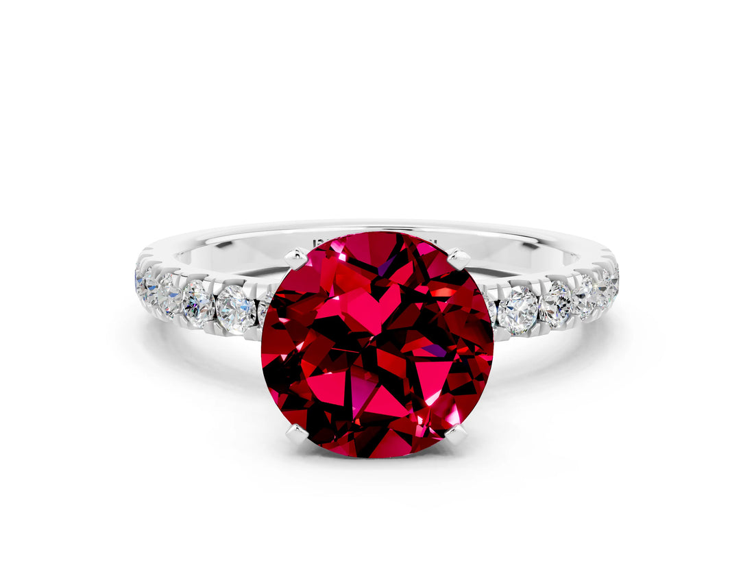 White gold Round Cut Garnet Solitaire Ring with Pavé Accents and Four-Prong Setting