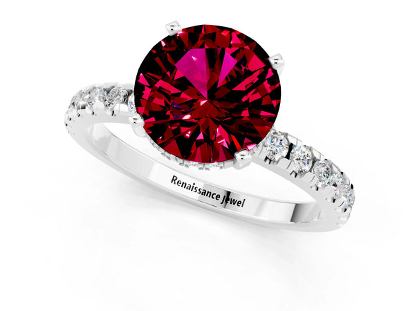 Silver Round Cut Garnet Solitaire Ring with Round  Pavé Band and Four-Prong Setting