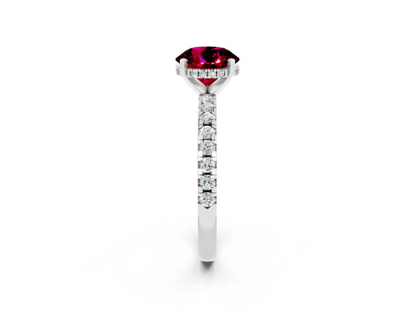 White gold Round Cut Garnet Solitaire Ring with Round  Pavé Band and Four-Prong Setting