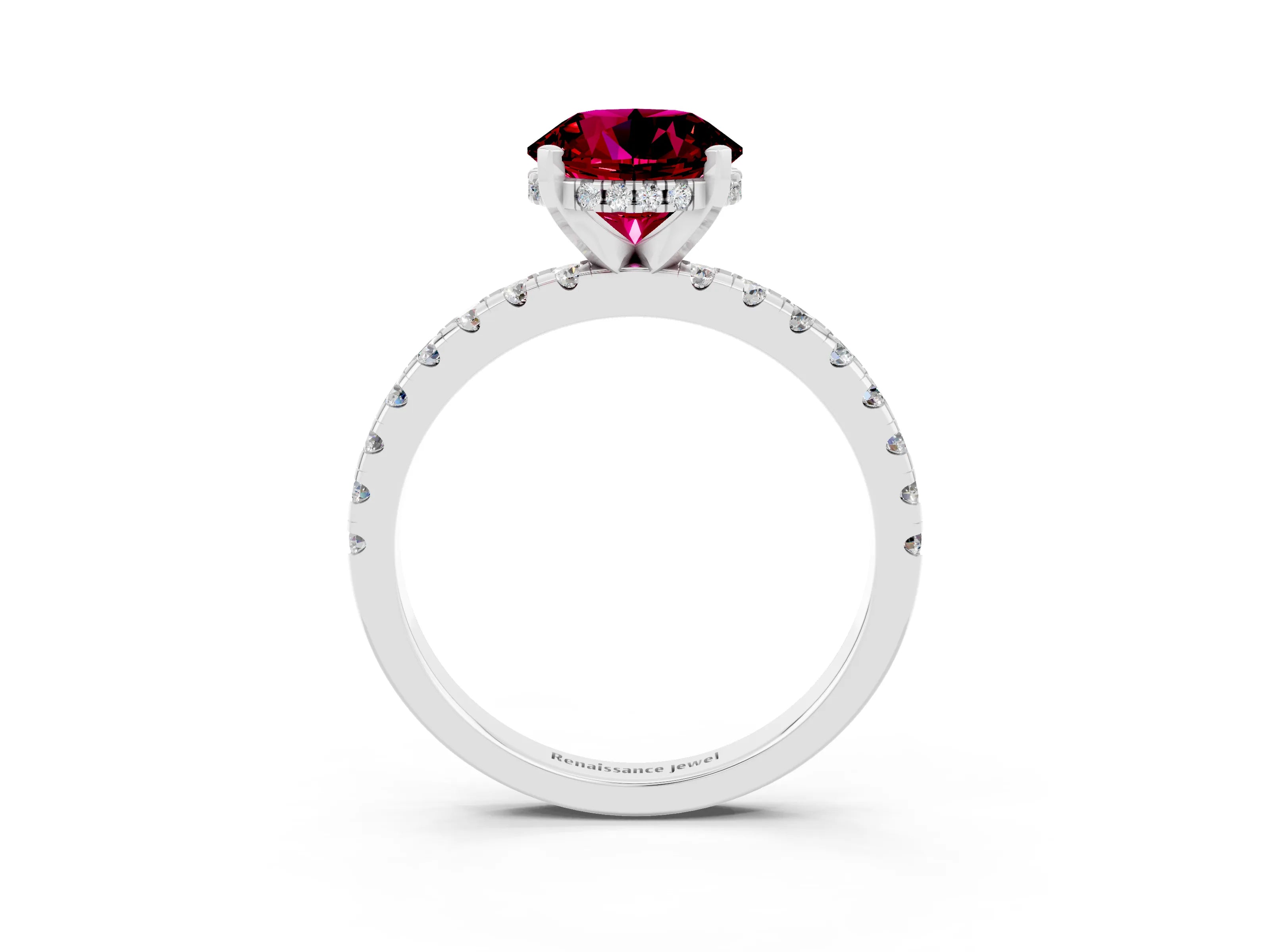 White gold Round Cut Garnet Solitaire Ring with Pavé Band and Four-Prong Setting_27