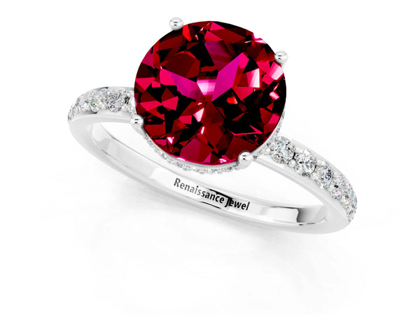 Platinum Round Cut Garnet Solitaire Ring with Pavé Band and Hidden Halo