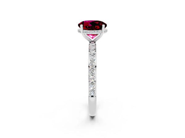 Platinum Round Cut Garnet Solitaire Ring with Pavé Band and Hidden Halo