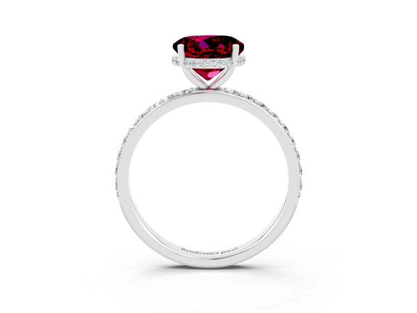 White gold Round Cut Garnet Solitaire Ring with Pavé Band and Hidden Halo