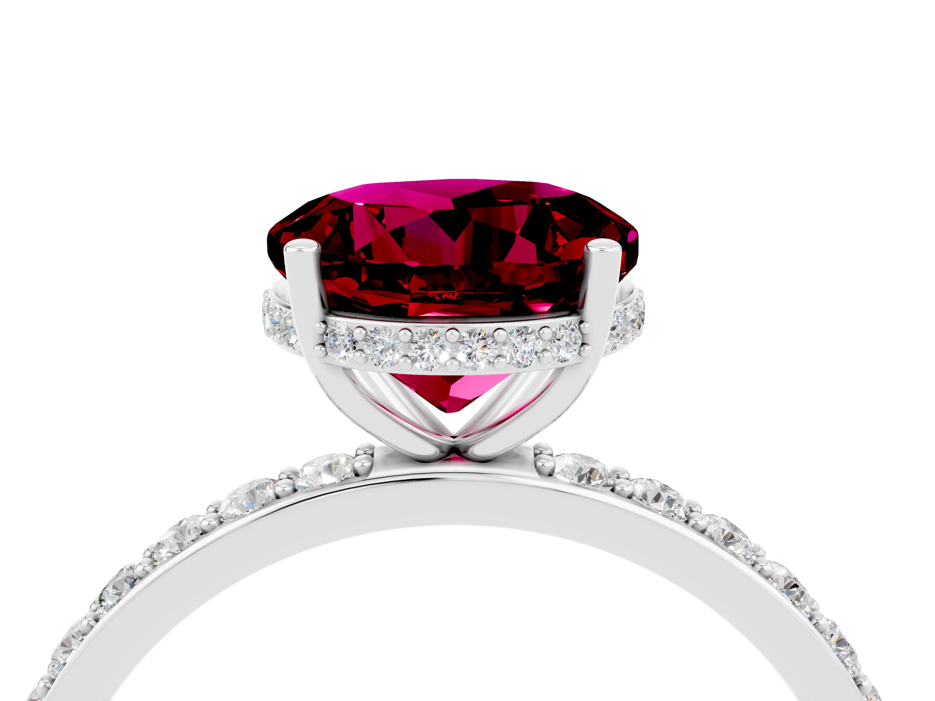 White gold Round Cut Garnet Solitaire Ring with Pavé Band and Hidden Halo_28