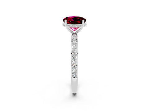 White gold Round Cut Garnet Solitaire Ring with Pavé Band and Hidden Halo_2
