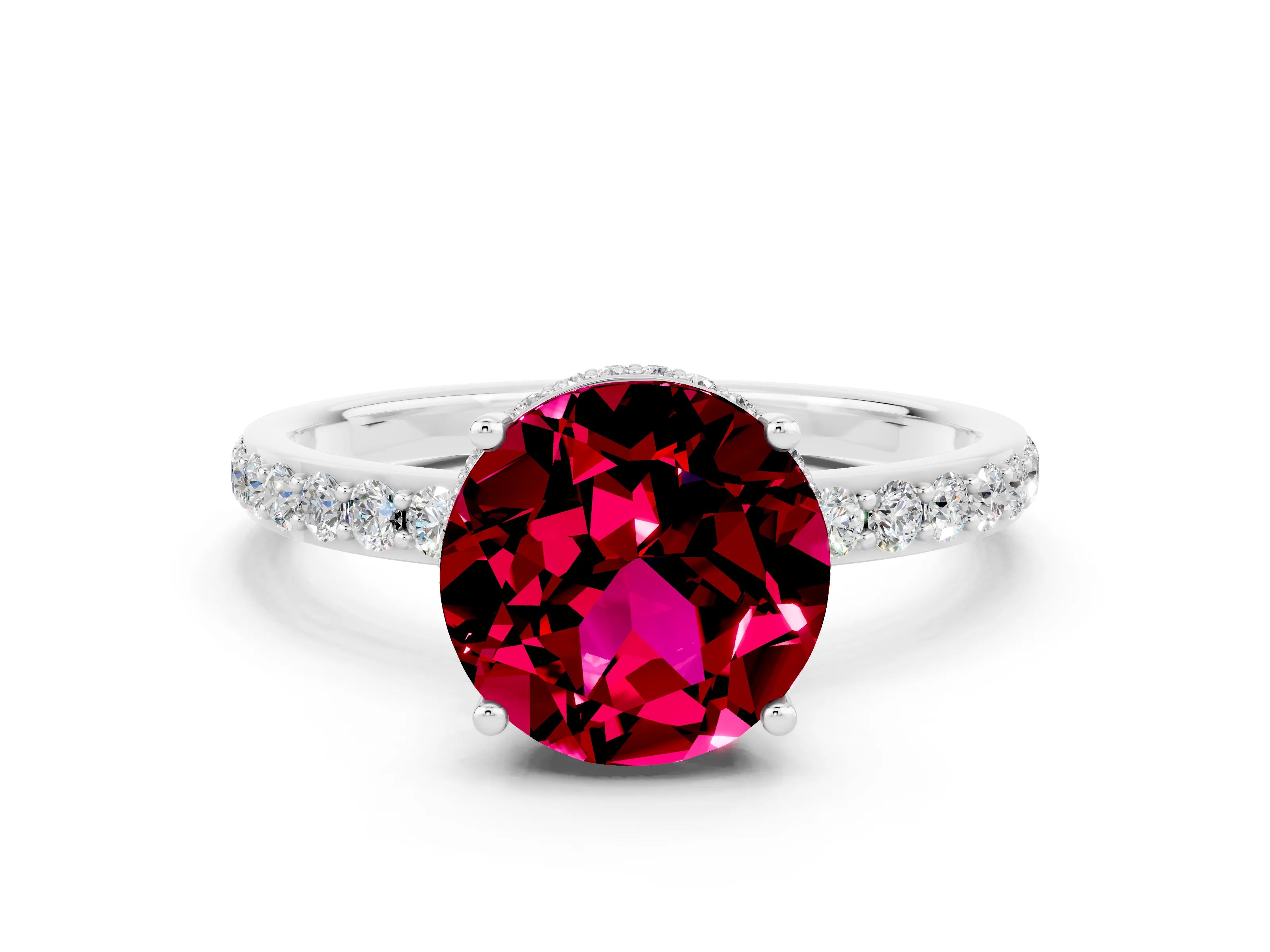 White gold Round Cut Garnet Solitaire Ring with Pavé Band and Hidden Halo