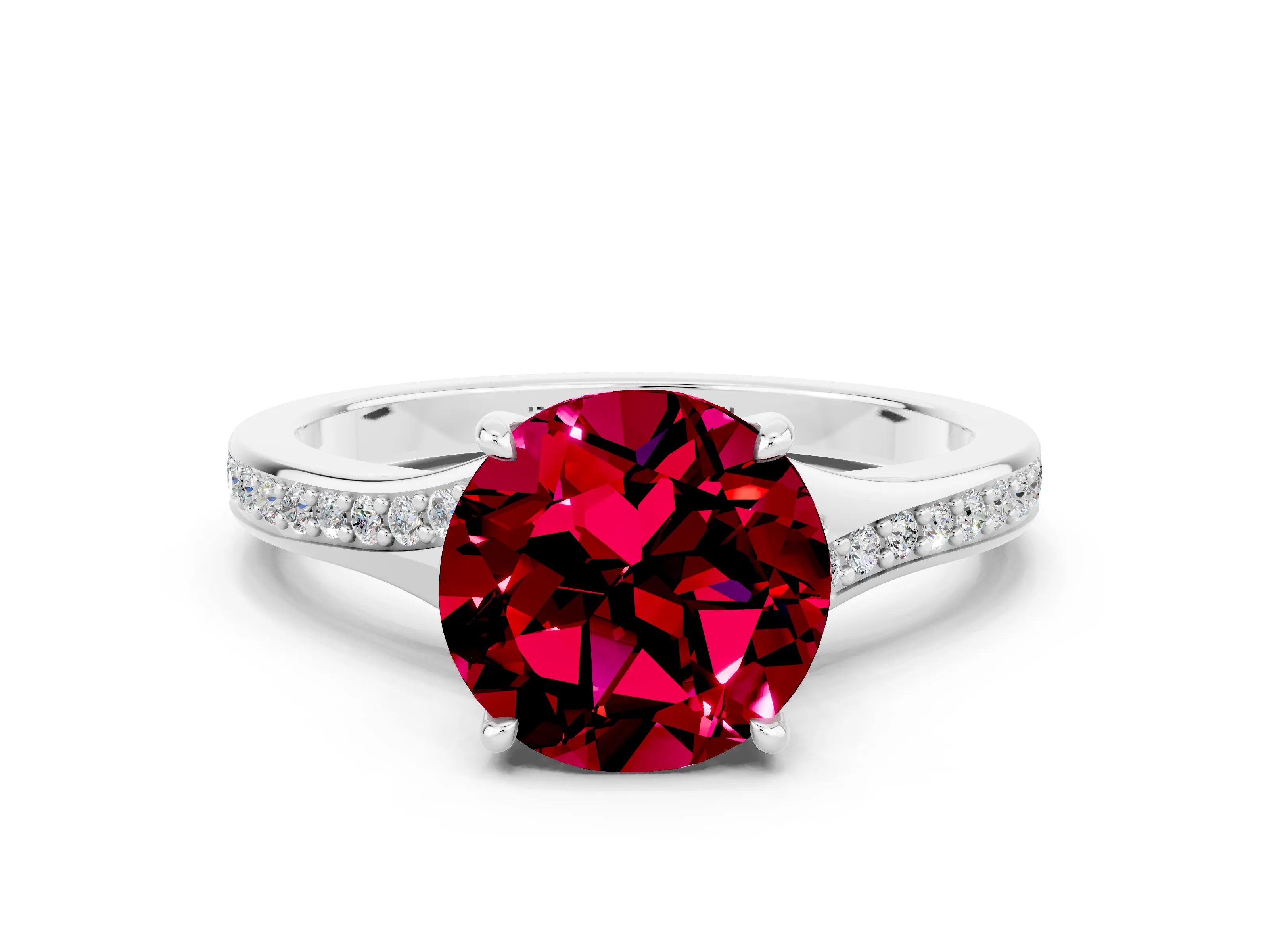White gold Round Cut Garnet Solitaire Ring with Pavé Band and Prong Setting