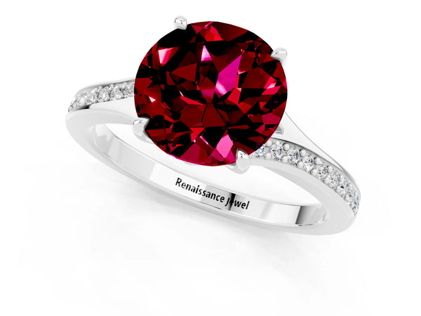 Platinum Round Cut Garnet Solitaire Ring with Pavé Band and Prong Setting