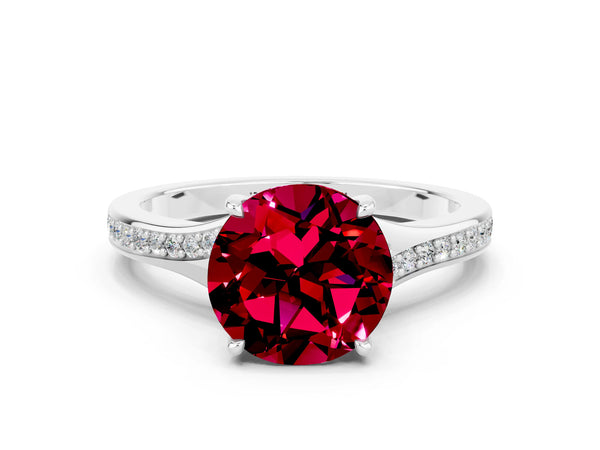 White gold Round Cut Garnet Solitaire Ring with Pavé Band and Prong Setting