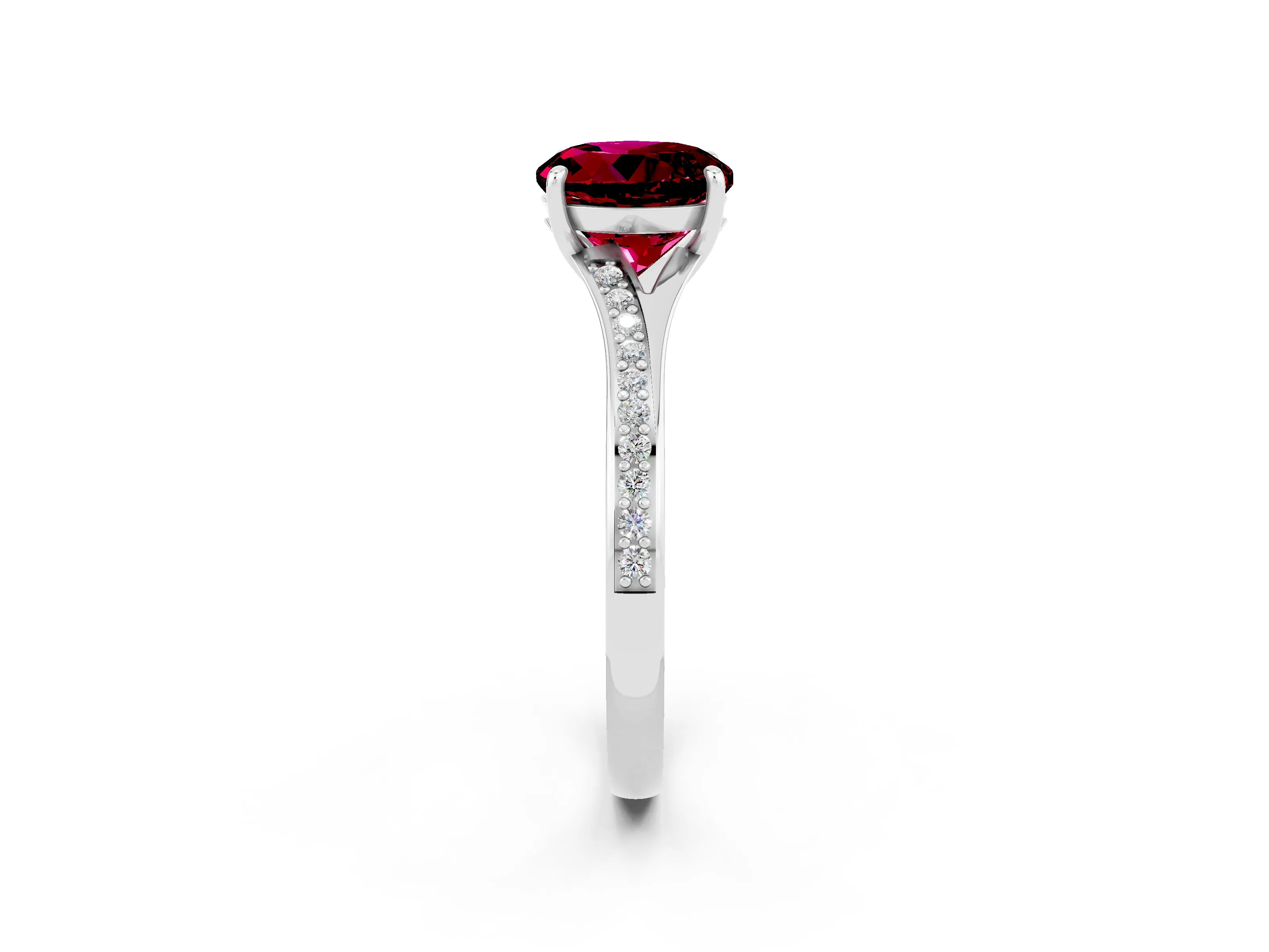 White gold Round Cut Garnet Solitaire Ring with Pavé Band and Prong Setting_2