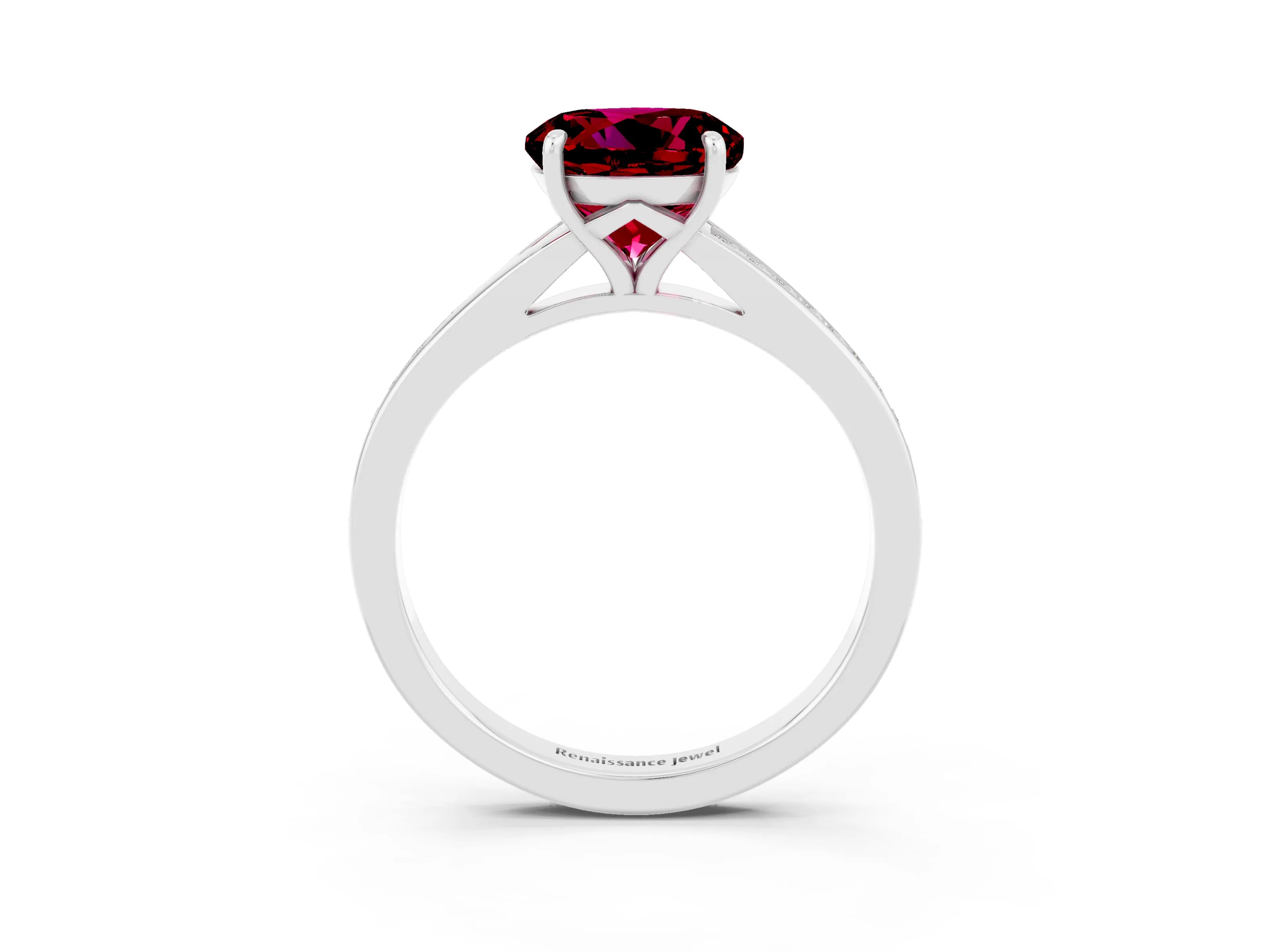 White gold Round Cut Garnet Solitaire Ring with Pavé Band and Prong Setting_3