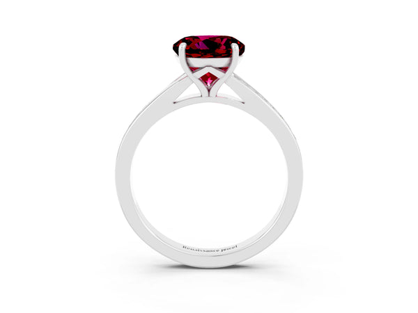 Silver Round Cut Garnet Solitaire Ring with Pavé Band and Prong Setting