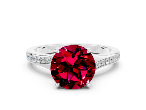 White gold Round Cut Garnet Solitaire Ring with Pavé Band and Prong Setting