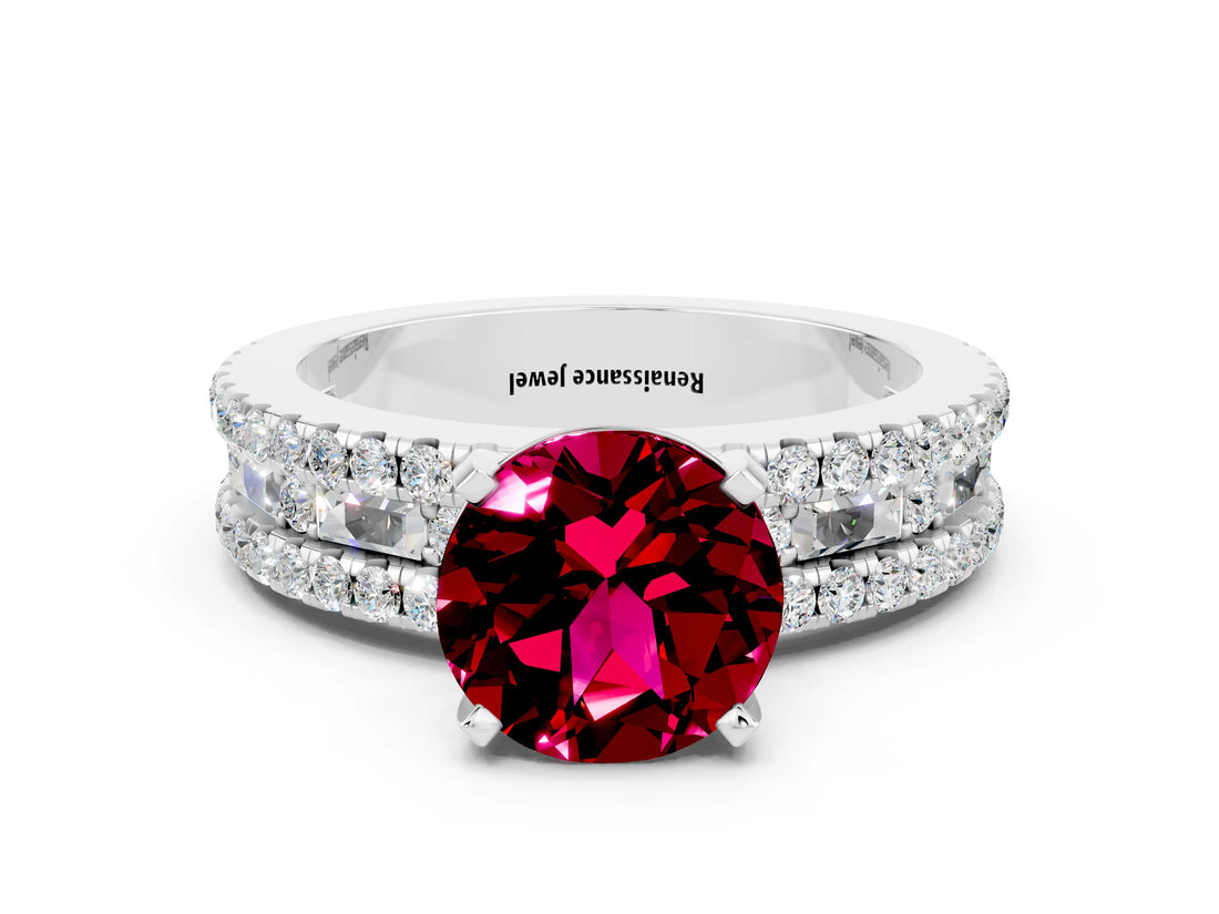 White gold Round Cut Garnet Solitaire Ring with Pavé and Channel Set Band