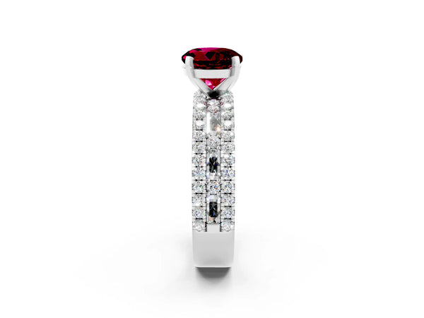 Silver Round Cut Garnet Solitaire Ring with Pavé and Channel Set Band