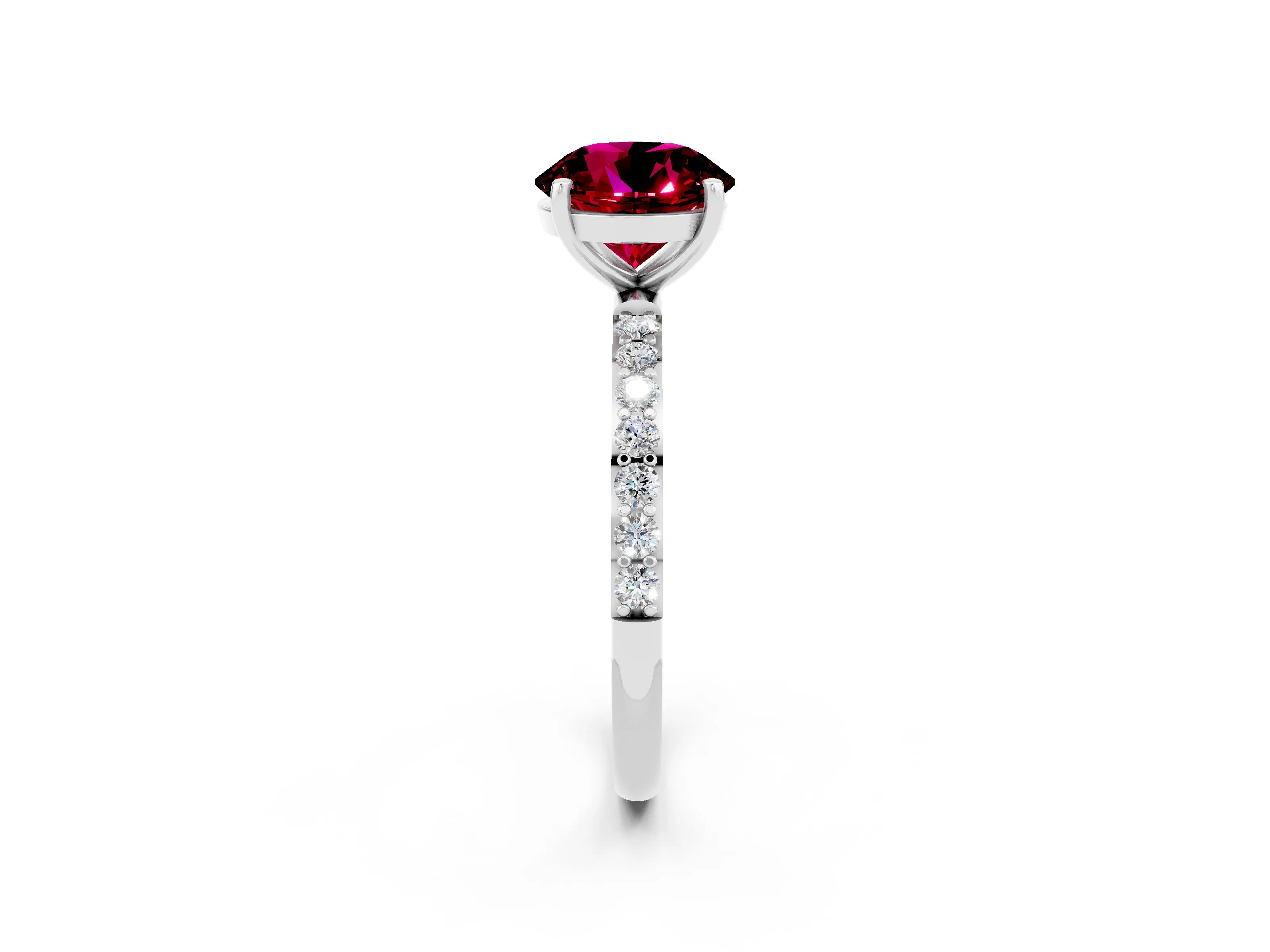 White gold Round Cut Garnet Solitaire Ring with Pave Band and Four Prong Setting_14