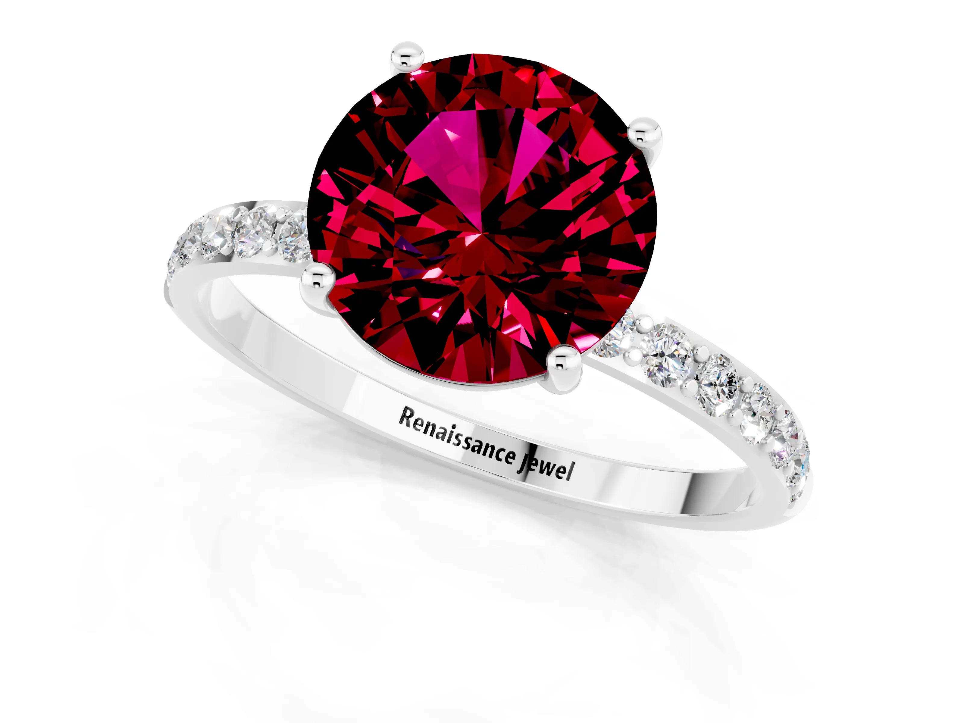 White gold Round Cut Garnet Solitaire Ring with Pave Band and Four Prong Setting_25