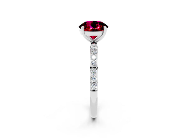 Platinum Round Cut Garnet Solitaire Ring with Round  Pavé Band and Prong Setting
