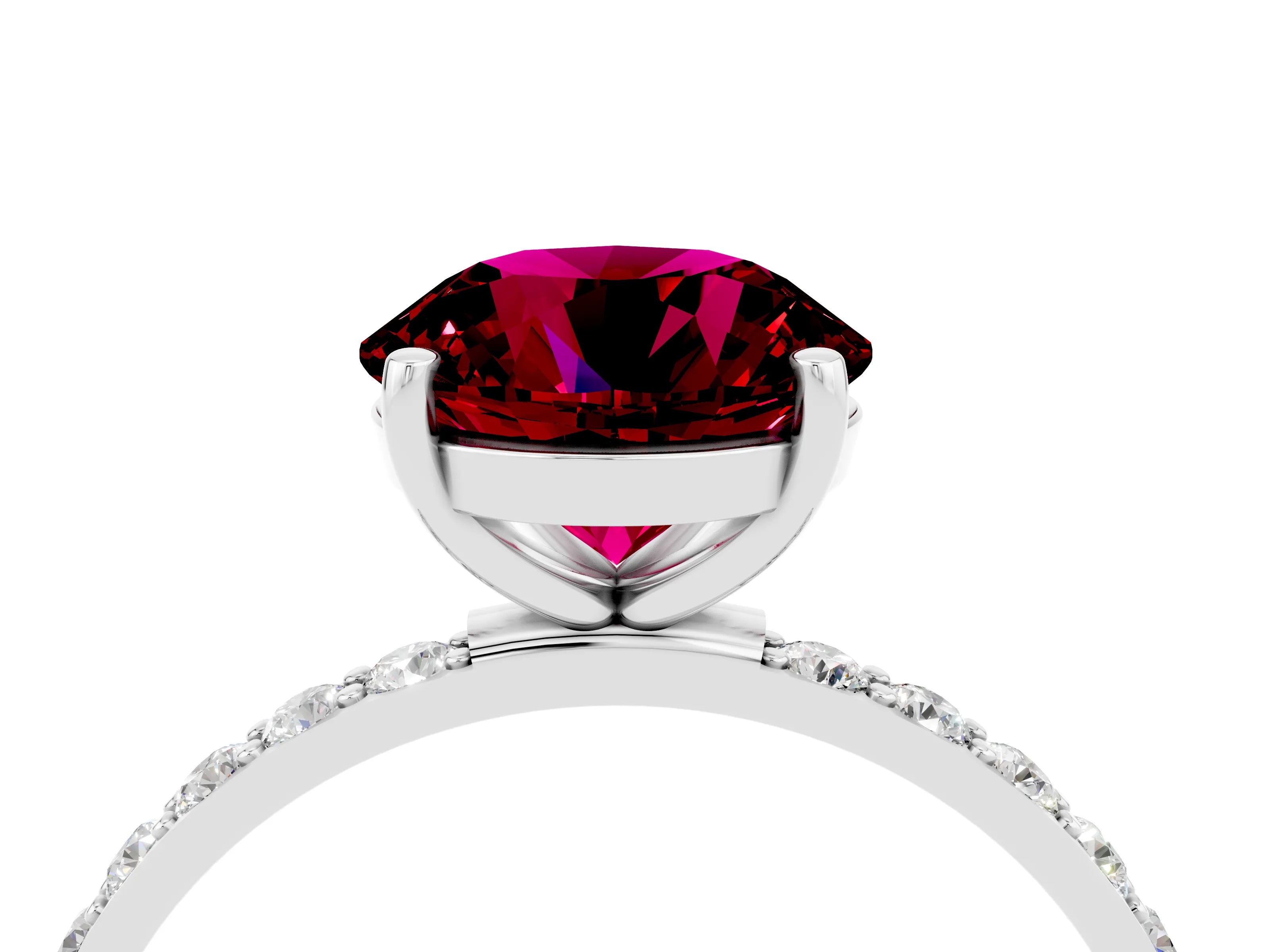 White gold Round Cut Garnet Solitaire Ring with Pave Band and Four Prong Setting_28